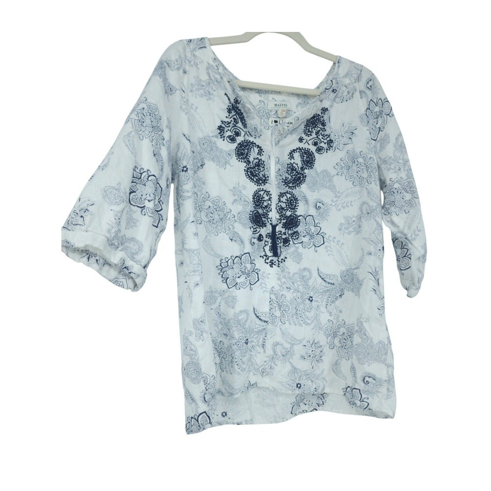 Embroidered Linen Pullover Top Womens M Paisley 3/4‎ Sleeve Coastal Luxury Shirt